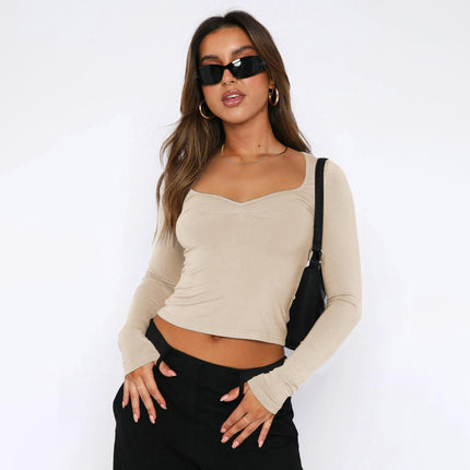 Women's Basic Long Sleeve Sweetheart Neck Crop Top Slim Fit T-Shirt