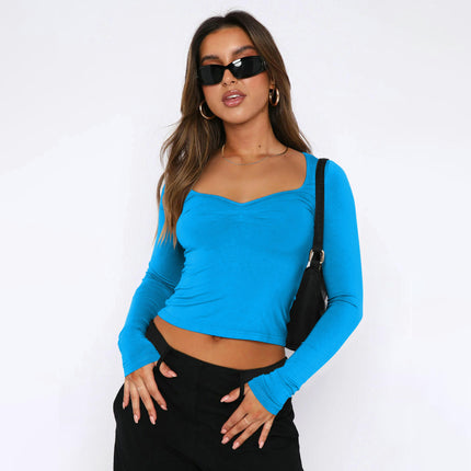 Women's Basic Long Sleeve Sweetheart Neck Crop Top Slim Fit T-Shirt