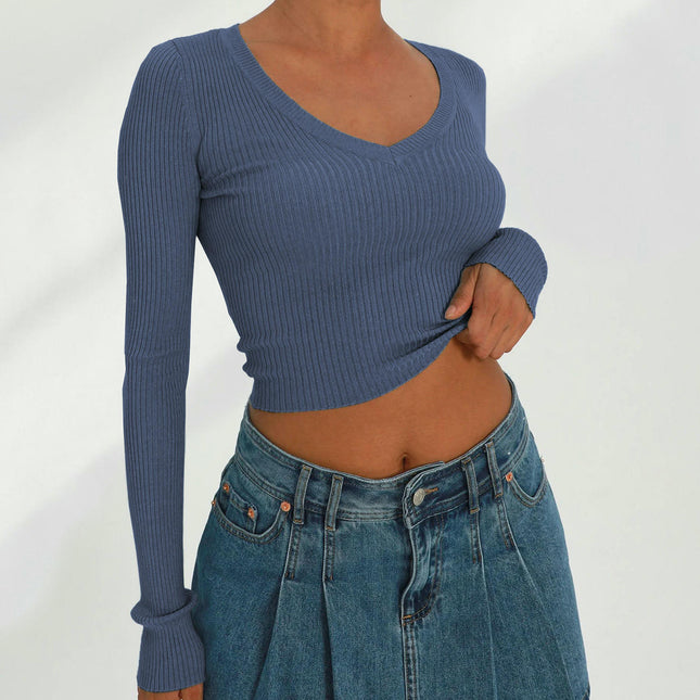 Womens Long Sleeve Crop Tops V Neck Shirts Casual Slim Fit Knit T-Shirt