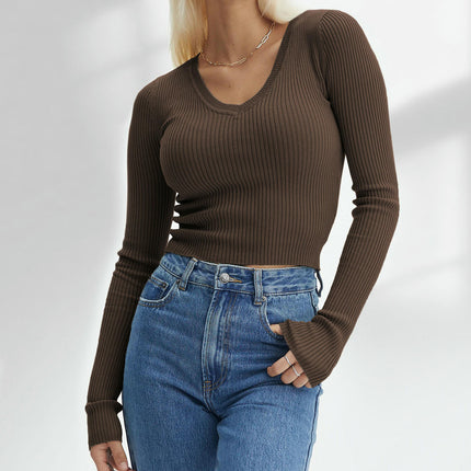 Womens Long Sleeve Crop Tops V Neck Shirts Casual Slim Fit Knit T-Shirt