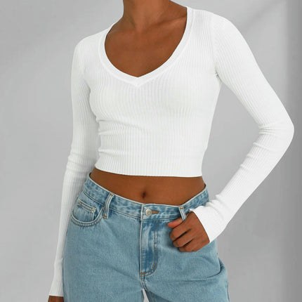 Womens Long Sleeve Crop Tops V Neck Shirts Casual Slim Fit Knit T-Shirt