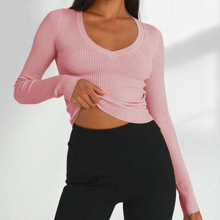 Womens Long Sleeve Crop Tops V Neck Shirts Casual Slim Fit Knit T-Shirt