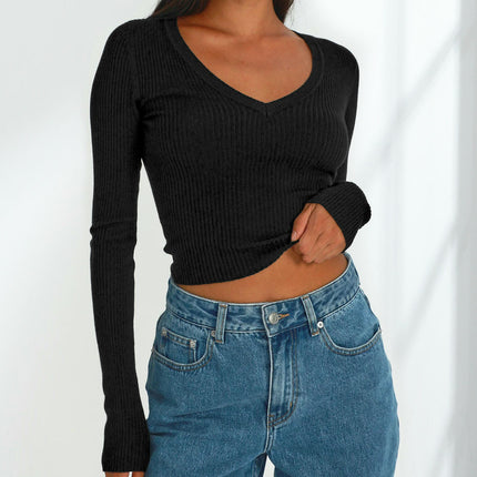 Womens Long Sleeve Crop Tops V Neck Shirts Casual Slim Fit Knit T-Shirt