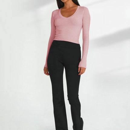Womens Long Sleeve Crop Tops V Neck Shirts Casual Slim Fit Knit T-Shirt