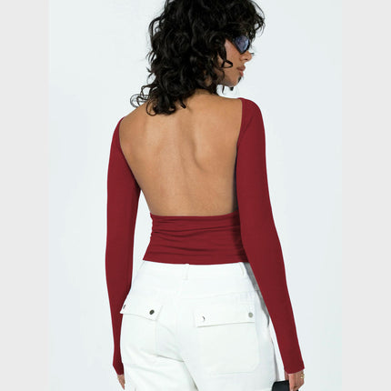 Women's Long Sleeve Crop Top Sexy Backless Slim Fitted T Shirts