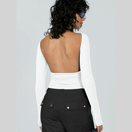 Women's Long Sleeve Crop Top Sexy Backless Slim Fitted T Shirts