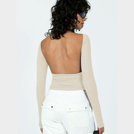 Women's Long Sleeve Crop Top Sexy Backless Slim Fitted T Shirts