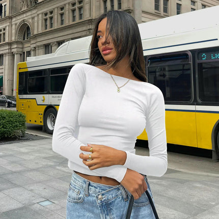 Women's Long Sleeve Crop Top Sexy Backless Slim Fitted T Shirts
