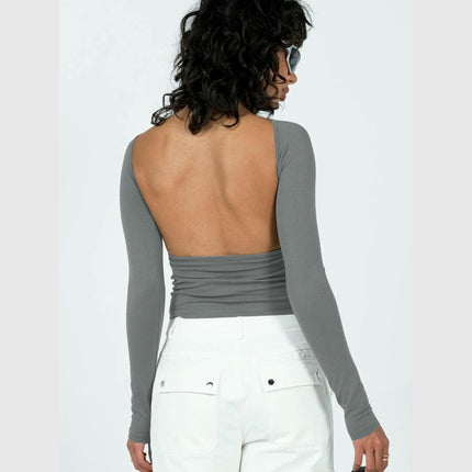 Women's Long Sleeve Crop Top Sexy Backless Slim Fitted T Shirts