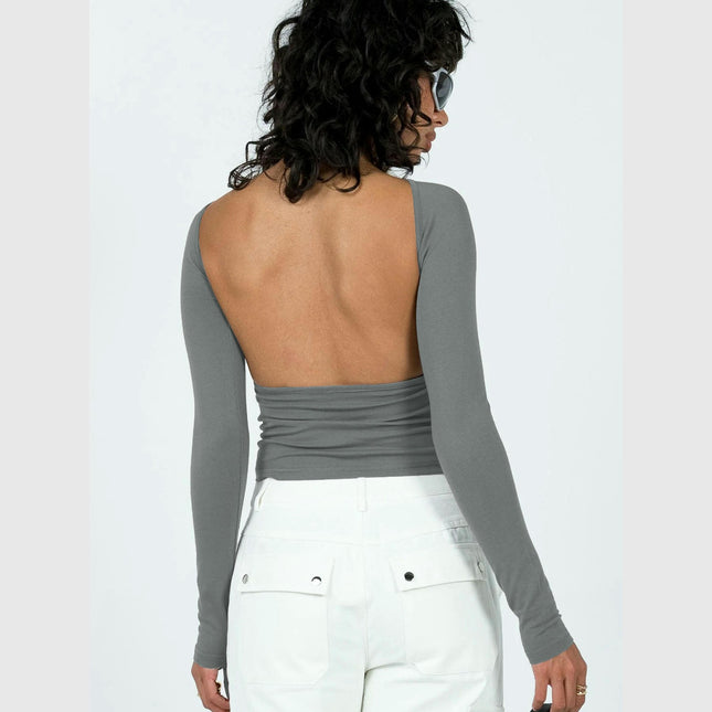 Women's Long Sleeve Crop Top Sexy Backless Slim Fitted T Shirts