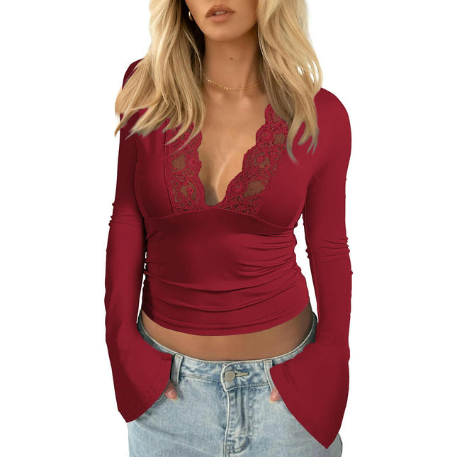 Women's Sexy Lace Deep V Neck Long Sleeve Tops Basic Solid Slim Fitted Going Out T Shirts