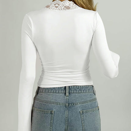 Women's Sexy Lace Deep V Neck Long Sleeve Tops Basic Solid Slim Fitted Going Out T Shirts