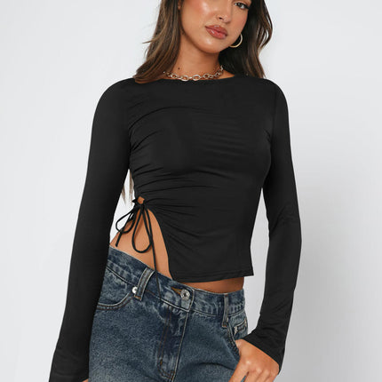 Women Long Sleeve Crop Tops Crew Neck Side Split Slim Fit Casual Tshirts