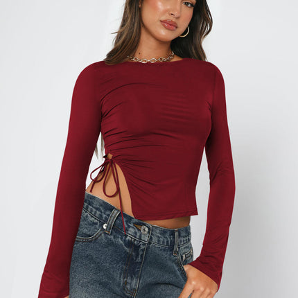 Women Long Sleeve Crop Tops Crew Neck Side Split Slim Fit Casual Tshirts