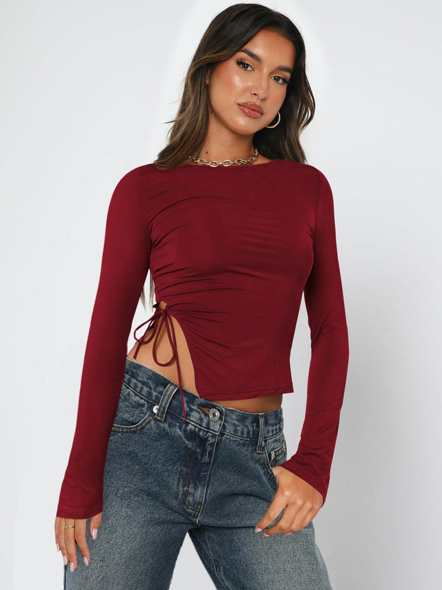 Women Long Sleeve Crop Tops Crew Neck Side Split Slim Fit Casual Tshirts