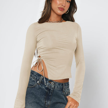 Women Long Sleeve Crop Tops Crew Neck Side Split Slim Fit Casual Tshirts