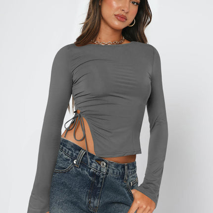 Women Long Sleeve Crop Tops Crew Neck Side Split Slim Fit Casual Tshirts
