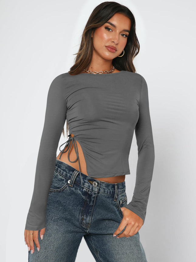 Women Long Sleeve Crop Tops Crew Neck Side Split Slim Fit Casual Tshirts