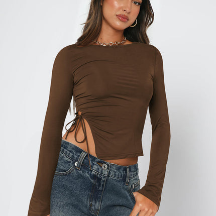 Women Long Sleeve Crop Tops Crew Neck Side Split Slim Fit Casual Tshirts