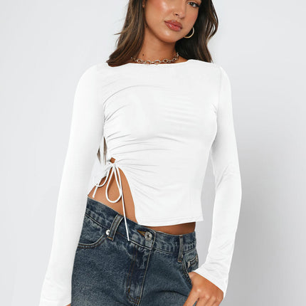 Women Long Sleeve Crop Tops Crew Neck Side Split Slim Fit Casual Tshirts