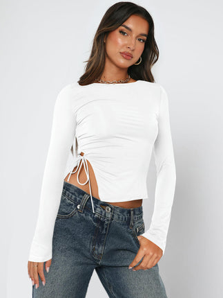 Women Long Sleeve Crop Tops Crew Neck Side Split Slim Fit Casual Tshirts