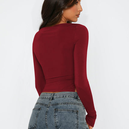 Women Long Sleeve Crop Tops Crew Neck Side Split Slim Fit Casual Tshirts