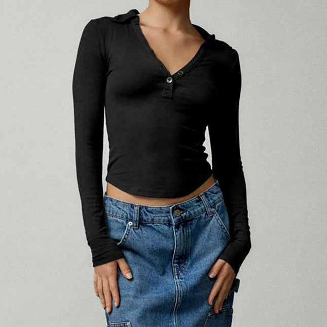 Womens Long Sleeve V Neck Polo Shirts Casual Collared Slim Fitted Top