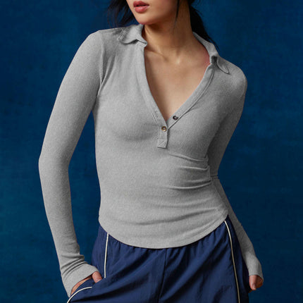 Womens Long Sleeve V Neck Polo Shirts Casual Collared Slim Fitted Top