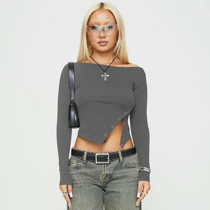 Boat Neck Tops for Women Split Button Slim Fit Long Sleeve Casual Solid Shirts