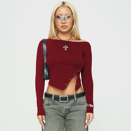 Boat Neck Tops for Women Split Button Slim Fit Long Sleeve Casual Solid Shirts