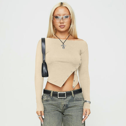 Boat Neck Tops for Women Split Button Slim Fit Long Sleeve Casual Solid Shirts