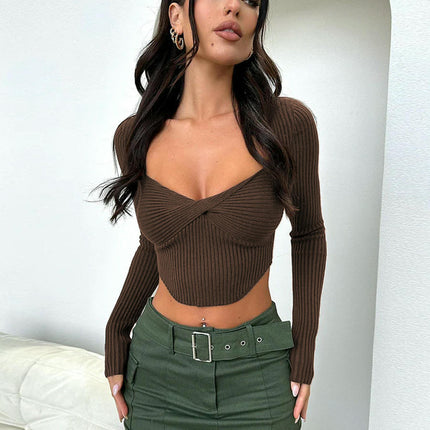 Women's Long Sleeve Crop Top Sweaters Ribbed Knit Twist Front Going Out T Shirts