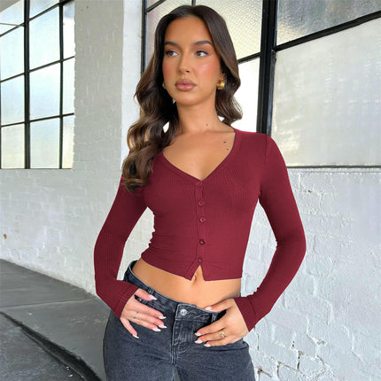 Womens Long Sleeves Cropped Cardigan Button Down Knit V-Neck Crop Top