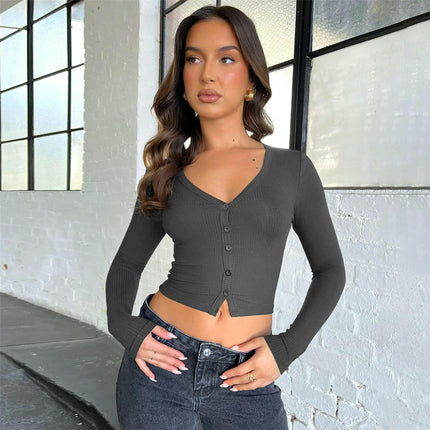 Womens Long Sleeves Cropped Cardigan Button Down Knit V-Neck Crop Top