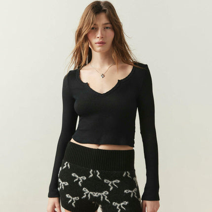 Women Casual Long Sleeve V-Neck Slim Fit T Shirts Ribbed Knit Solid Crop Tops