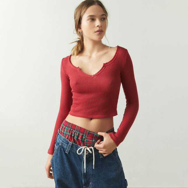 Women Casual Long Sleeve V-Neck Slim Fit T Shirts Ribbed Knit Solid Crop Tops