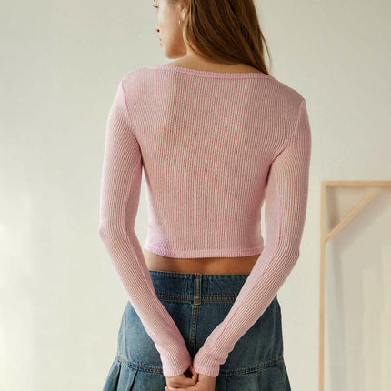Women Casual Long Sleeve V-Neck Slim Fit T Shirts Ribbed Knit Solid Crop Tops