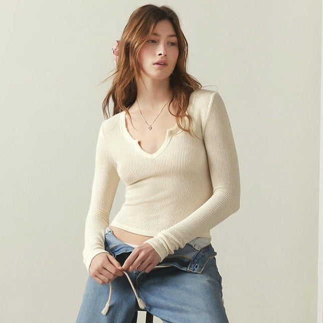 Women Casual Long Sleeve V-Neck Slim Fit T Shirts Ribbed Knit Solid Crop Tops