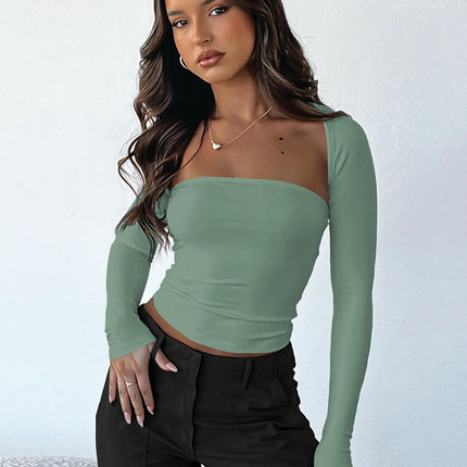 Womens 2 Piece Going Out Tops Long Sleeve Shirts Shrug Tube Crop Top