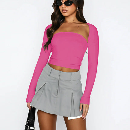 Womens 2 Piece Going Out Tops Long Sleeve Shirts Shrug Tube Crop Top