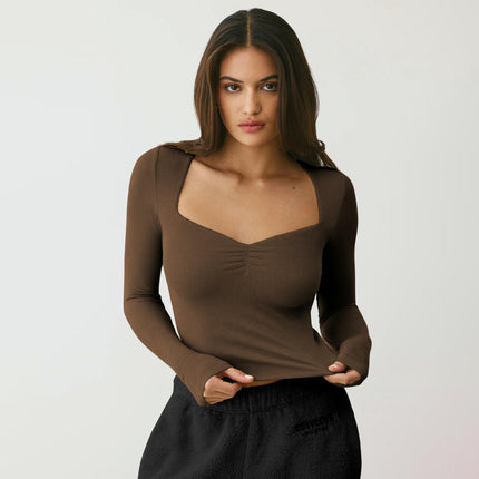 Women's Long Sleeve Going Out T-Shirt Sweetheart Neck Slim Fit Crop Top