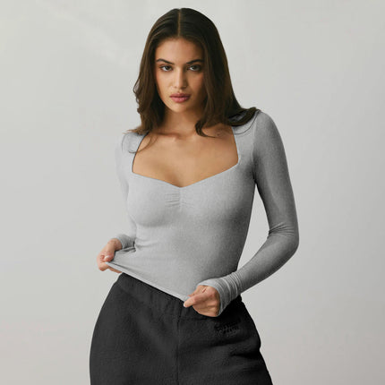 Women's Long Sleeve Going Out T-Shirt Sweetheart Neck Slim Fit Crop Top