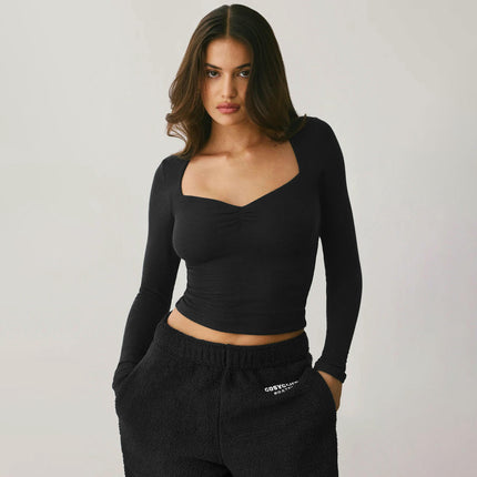 Women's Long Sleeve Going Out T-Shirt Sweetheart Neck Slim Fit Crop Top