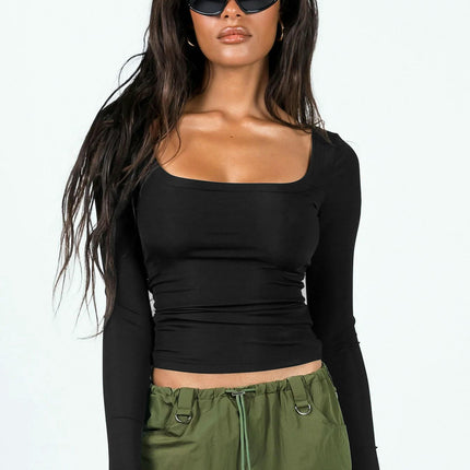 Womens Long Sleeve Shirts Going Out Crop Tops Square Neck Ribbed Knit T Shirt