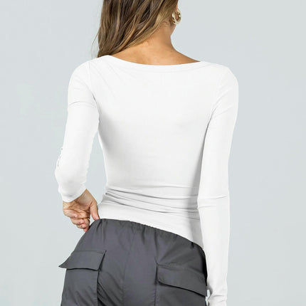 Womens Long Sleeve Shirts Going Out Crop Tops Square Neck Ribbed Knit T Shirt