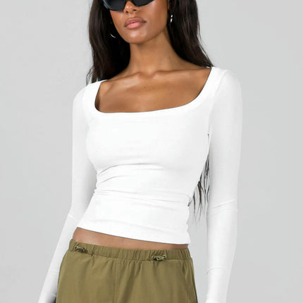 Womens Long Sleeve Shirts Going Out Crop Tops Square Neck Ribbed Knit T Shirt