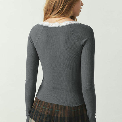 Women's Long Sleeve Lace Scoop Neck Shirts Ribbed Casual Slim Fitted Tops