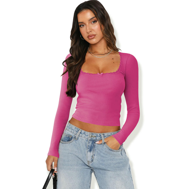 Women Long Sleeve Crop Tops Lace Trim Scoop Neck Fitted Going Out T Shirt