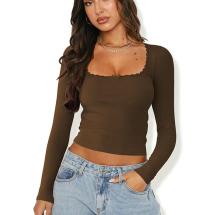 Women Long Sleeve Crop Tops Lace Trim Scoop Neck Fitted Going Out T Shirt