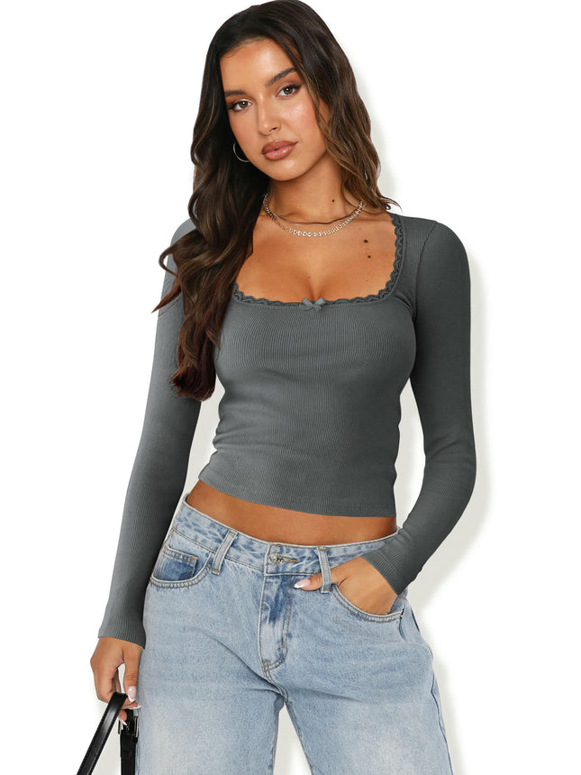 Women Long Sleeve Crop Tops Lace Trim Scoop Neck Fitted Going Out T Shirt